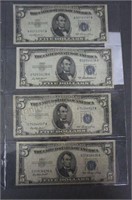4 1953 Blue Seal $5 Silver Certificate Notes