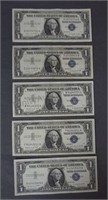 5 Assorted Number $1 Silver Certificate Notes