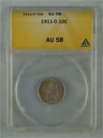 1911-D Barber Dime ANACS AU-58 10 Cent Coin