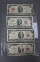 4 1928-1963 Red Seal Two Dollar U S Currency Notes