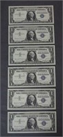 6 Consecutive Numbered $1 Silver Certificate Notes