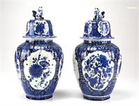 PAIR OF DELFT POTTERY COVERED JARS