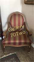 Large antique great chair with fabric seat and