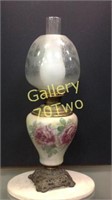 Large antique oil lamp with handpainted vase