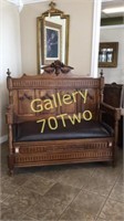 Large antique highly carved tufted oak bench