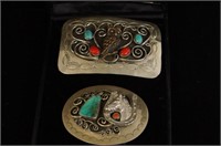 Two Native Am. Turquoise & Coral  Buckles