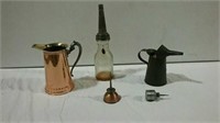 Copper pitcher, oil cans and  oil jar