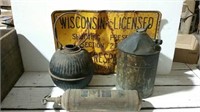 Metal sign, old gas type can, smudge pot and old