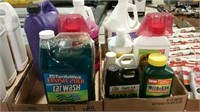 2 boxes weed eater, cleaning supplies and