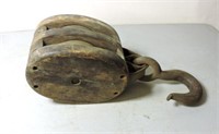 Large antique wood pulley with hook 16" L