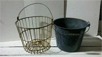 Egg basket and graniteware pail