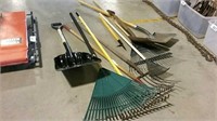 Rakes, shovels and assorted garden tools