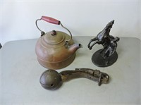 Tea kettle, sleigh bell and metal horse figurine