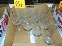 11 Etched Glass Drink Glasses and 1 Vase