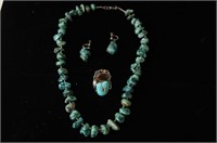 Native Am. Raw Turquoise necklace & earrings