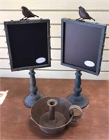 (2) Chalkboard Bird Signs & Candle Holder