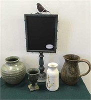 Pottery Pieces, Metal Chalk Board with Bird