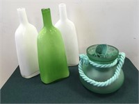 1 Sea Glass Container, 3 Glass Bottles 12" Tall