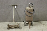 Vintage Reel Mower and Compressor Tank