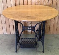 Round Wood Table on Singer Sewing Stand