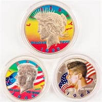 Coin 3 Colorized Coins Peace Dollar, 2 Kennedy 1/2