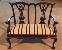 Carved Mahogany Upholstered Bench