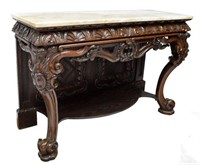 HEAVILY CARVED MARBLE TOP CONSOLE TABLE