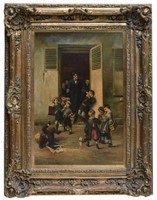 FRAMED OIL ON CANVAS, SCHOOL BOYS QUARRELING