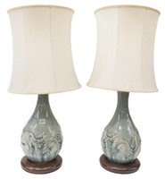 (2) CHINESE CELADON DRAGON ACCENTED TABLE LAMPS