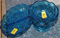2 VINTAGE BLUE GLASS DIVIDED DISH AND COMPOTE