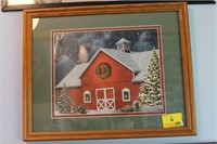 4 FRAMED JIGSAW PUZZLES RED BARN AT CHRISTMAS,
