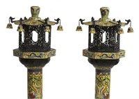 (2) CLOISONNE IMPERIAL YELLOW STANDING LANTERNS