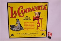 Tin sign "La Campanita" C.S. Bell company