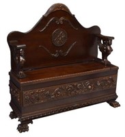 ITALIAN FIGURAL CARVED HIGH BACK BENCH
