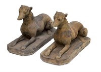 (PAIR) CAST GARDEN STATUES OF WHIPPETS IN REPOSE