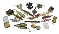 (21) COLLECTION OF FISHING LURES, REELS, COMPASSES