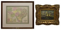 (2) MAP OF TEXAS, JH YOUNG & FRAMED MARINE PRINT