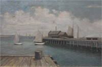 OIL ON CANVAS PAINTING OF A RAILROAD WHARF