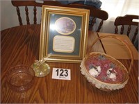 Pink candy dish, angels, picture & basket