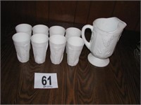 Milk Glass 8 tea glasses & pitcher