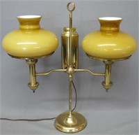 BRASS DOUBLE ARM STUDENT LAMP WITH CASED SHADES