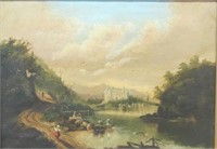 EARLY 19TH C. PAINTING OF A CHATEAU BY A RIVER