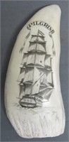 SCRIMSHAWED WHALES TOOTH OF THE SHIP PILGRIM