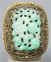 CHINESE CARVED JADE AND SILVER VERMEIL RING
