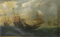 EARLY CONTINENTAL SCHOOL PAINTING OF NAVAL BATTLE