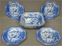 STAFFORDSHIRE BLUE TRANSFER VEGETABLE AND 4 PLATES