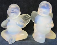 TWO LALIQUE OPALESCENT CRYSTAL CHERUB  FIGURINES