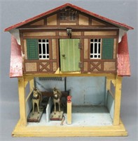 19TH . LITHOGRAPHED TOY STABLE WITH TWO HORSES