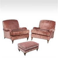 Pair of English Style Upholstered Chairs & Ottoman
