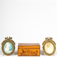 Pair Bronze Frames and Antique Box